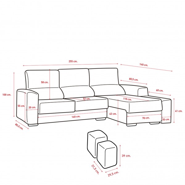 Chaiselongue DERECHA MÁLAGA Tapizado Nevada 2 Beige 255x140x100 Cm