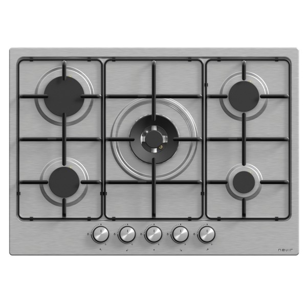 Placa de Gas 5 Fuegos con Wok Inox Nevir 71x51x8,95 Cm