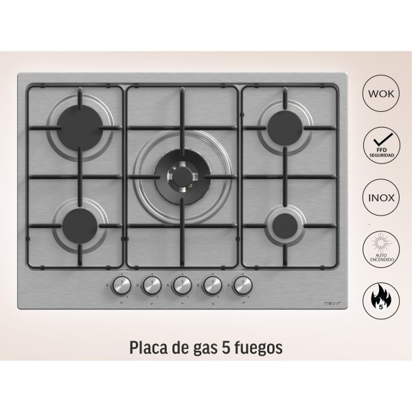 Placa de Gas 5 Fuegos con Wok Inox Nevir 71x51x8,95 Cm