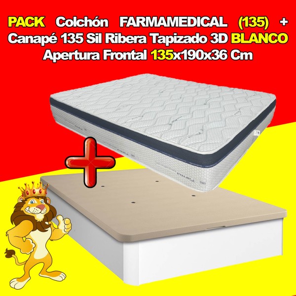 PACK Colchón FARMAMEDICAL (135) + Canapé 135 Sil Ribera Tapizado 3D BLANCO Apertura Frontal 135x190x36 Cm
