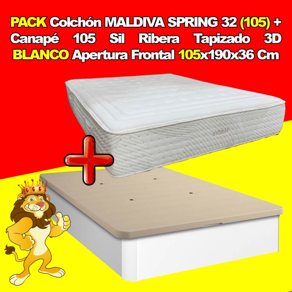 PACK Colchón MALDIVA SPRING 32 (105) 105x190x32 Cm + Canapé 105 Sil Ribera Tapizado 3D BLANCO Apertura Frontal 105x190x36 Cm