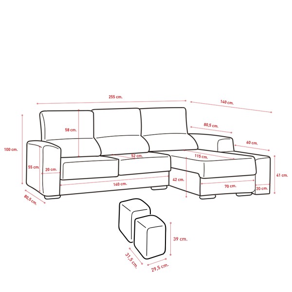 Chaiselongue Derecho Málaga Tapizado Nevada 17 - 255x140x100 Cm