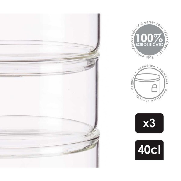 Triple Tarro Cocina Borosilicato Con Tapa Bambu 11x11x18 Cm
