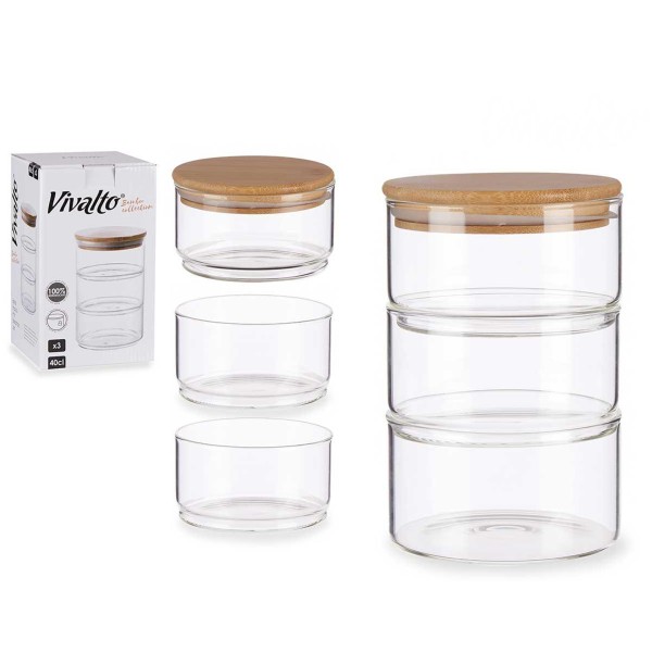 Triple Tarro Cocina Borosilicato Con Tapa Bambu 11x11x18 Cm