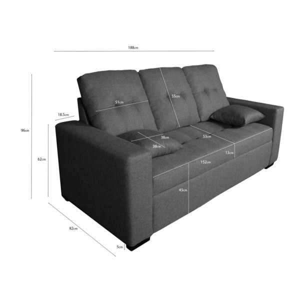 Sofá 3 Plazas Egeo Tapizado Malmo Gris 188x82x96 Cm